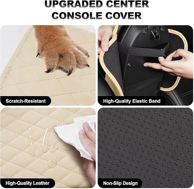 Upgraded Car Center Console Cover Fit for Land Cruiser Faux Leather Car Armrest Cover Cushion with 2 Storage Bags,Car Armrest Storage Box Interior Accessories(Beige&Whiteline)