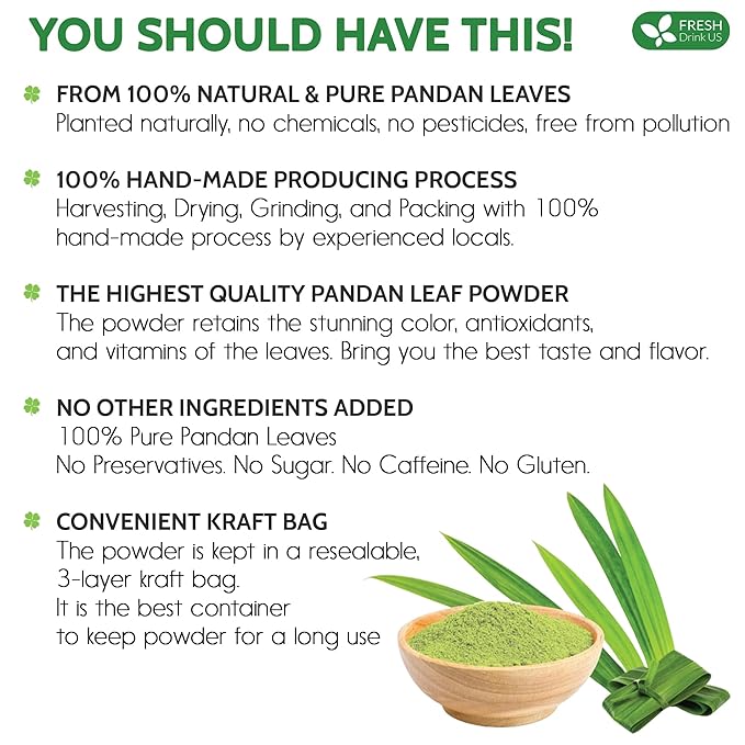 FRESHDRINKUS, Premium 4.5oz Pandan Leaf Powder, 100% Natural and Pure from Pandan Dried Leaves, Emerald Pandan Leaf Powder, Green Food Coloring Powder, No Additives, No Gluten, Vegan.