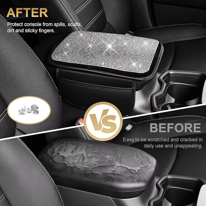Bling Center Console Cover Fit for Toyota Venza with 2 Storage Bags Fully Diamond-Studded Style Center Console Armrest Cover with Total Protection(Silver Diamond)