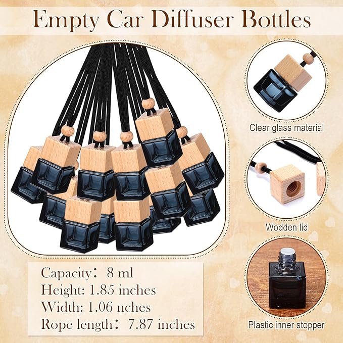 DaisyInner 30 Sets Car Diffuser Bottles Empty Bulk Hanging Car Air Freshener Diffuser Bottles Bulk Glass Perfume Holder with Instruction Cards for Essential Oil Fragrance Pendant(Square,Black)