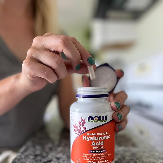 NOW Foods Supplements, Hyaluronic Acid 100 mg, Double Strength with L-Proline, Alpha Lipoic Acid and Grape Seed Extract, 120 Veg Capsules