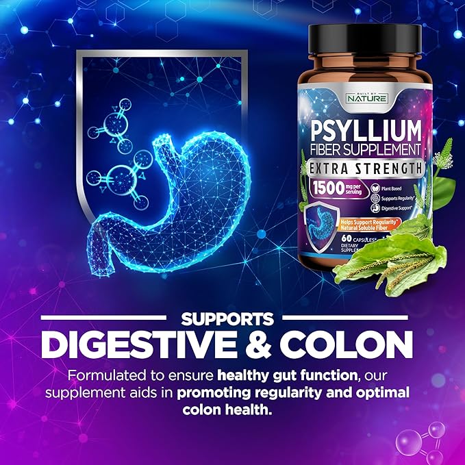 Psyllium Husk Capsules 1500mg - Fiber Supplement - Natural Soluble Fiber Pills with Psyllium Husk Powder - Supports Digestive Gut and Colon Health - Non-GMO, Gluten-Free, Vegan - 60 Capsules