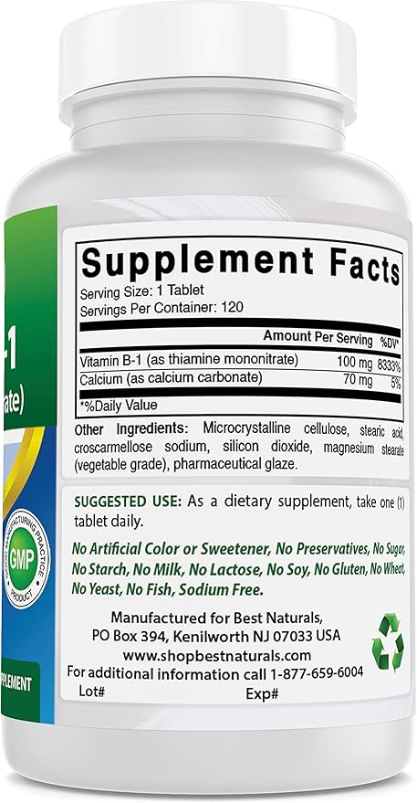 Best Naturals Vitamin B1 as Thiamine Mononitrate 100 mg Tablets (120 Count (Pack of 3))