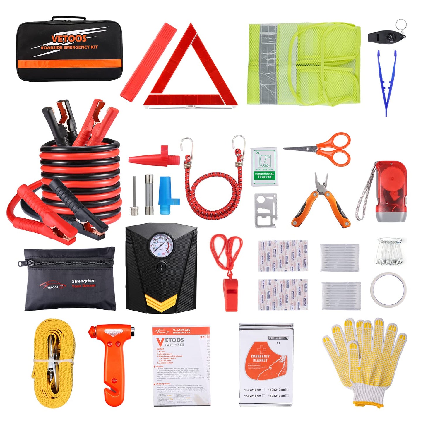 Vetoos Roadside Emergency Car Kit with Jumper Cables, Auto Vehicle Safety Road Side Assistance Kit Essentials, Winter Car Kit for Women and Men, with Mini Car Tool Set, Dial Tire Pressure Gauge