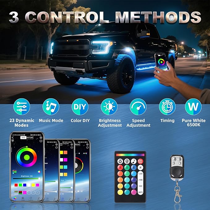 8 Pods RGBW LED Rock Lights Full Kit, 6500K Pure White (Not Mixed) & RGB Underglow for Jeeps Truck Golf Cart ATV UTV RZR Pickup, App/RF Remote Smart Brake Music Sync, Waterproof Offroad Underbody 12V