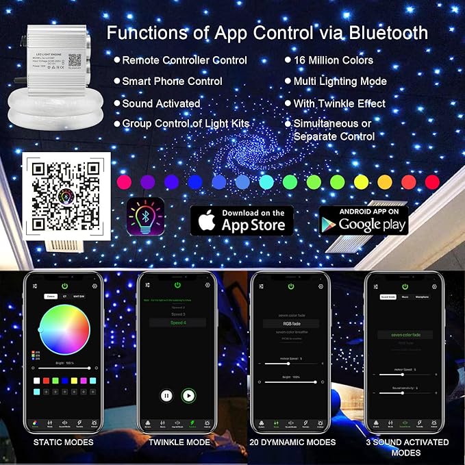 AKEPO Upgraded 16W Dual Head Twinkle Fiber Optic Lights Kit with 750pcs of Mixed Diameter Fibers 9.8ft/3m+Remote, Car Home Use RGBW Twinkle+APP Control+Music Activated Star Ceiling Sky Light