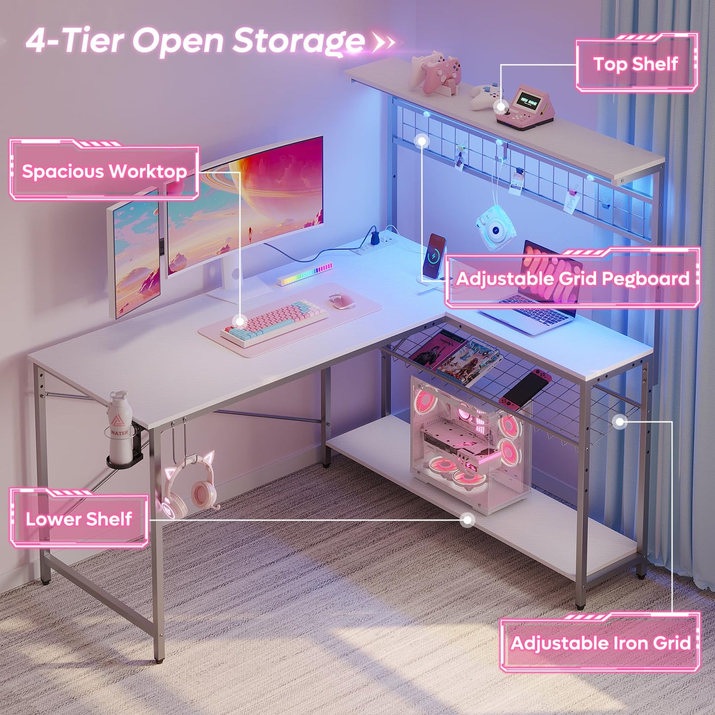 Bestier Gaming Desk 51" L-Shaped, with Power Outlets & LED Lights- 4 Tier Shelves, Reversible Gamer Table with Hooks & Cup Holder for Home Office,Carbon Fiber White