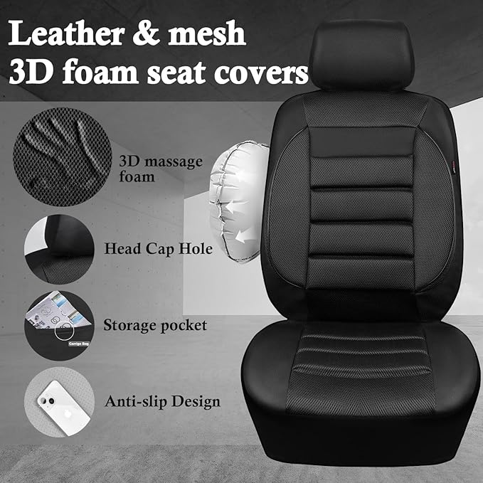 CAR PASS Breatherable Air Mesh Car Seat Covers Full Set, 3D Foam Back Support Automotive Seat Covers, All Season Car Seat Cover Fit Automotive,SUV,Sedan,Van, Airbag Compatible (Black)