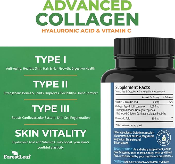 ForestLeaf Multi Collagen Pills with Hyaluronic Acid + Vitamin C | Hydrolyzed Collagen Supplements for Women or Men | Multi Collagen Capsules Peptides for Skin, Wrinkles, 240