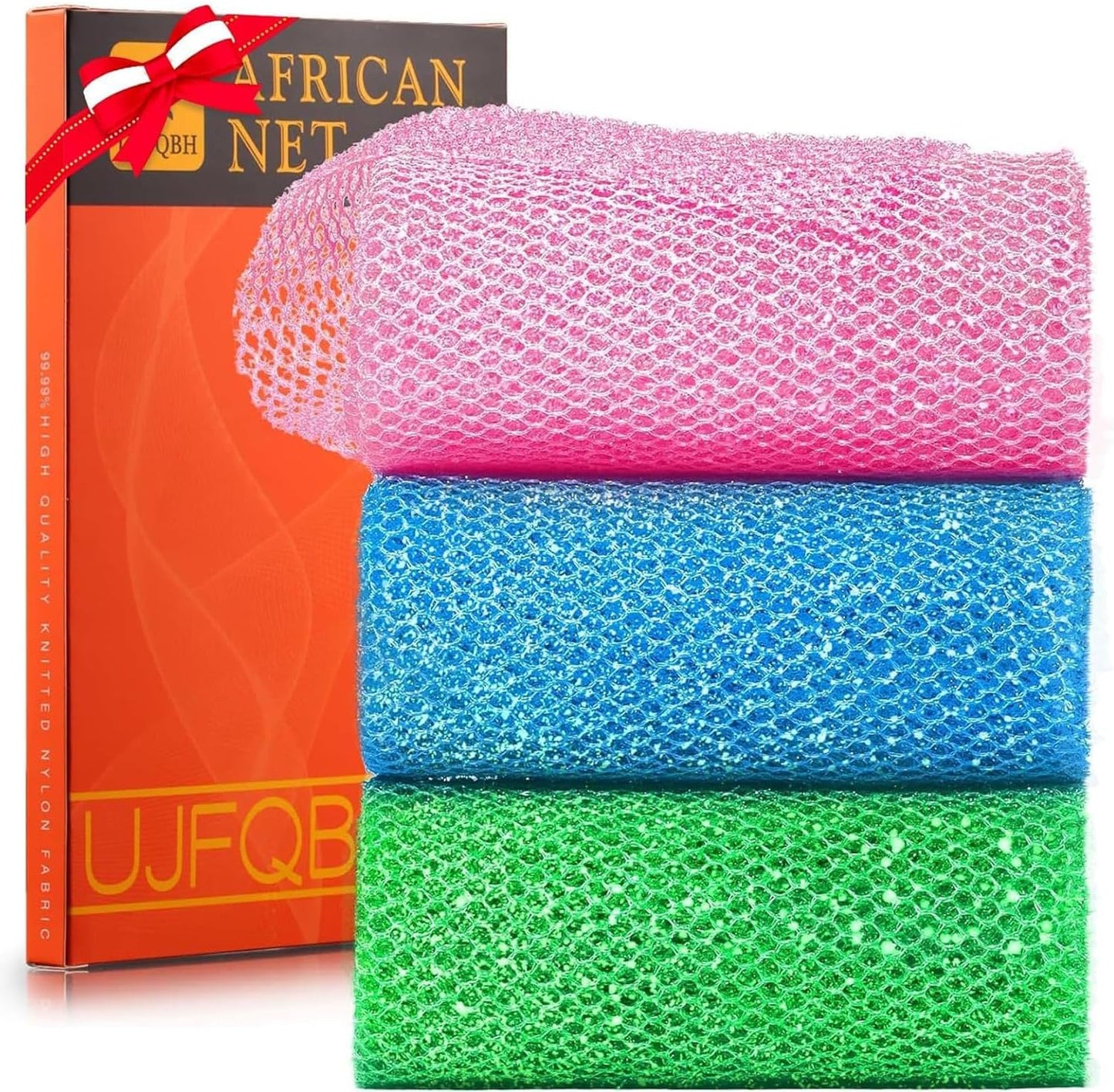 3-Piece African Net Bath Sponge Set | Exfoliating Body Scrubber | Black, Blue, Brown