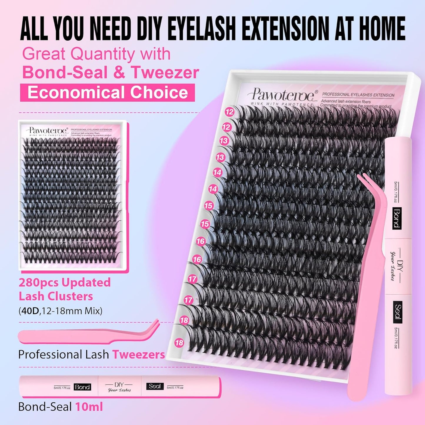 Pawotence 280pcs Lash Clusters | 40D & 50D Individual Eyelash Extensions 8-16mm