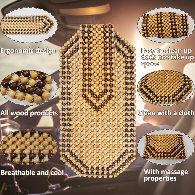 Natural Wood Beaded Auto Car Seat Bead Cover,Front seat Natural Wooden Cool Refreshing Back Massaging Comfort Cushion Mat,Premium Quality Universal for Car Truck on Summer