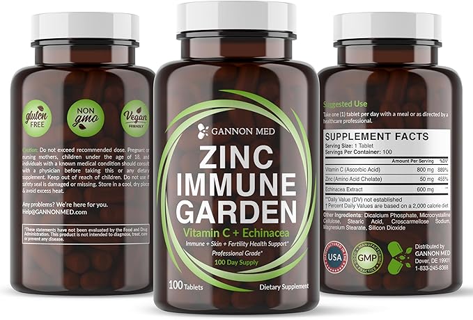 Chelated Zinc 50mg Immune Garden Vitamin C 800mg Zinc Supplements Echinacea 600mg/Tablet - Immunity + Skin + Reproductive Health Minerals, Zinc Chelate Immune Booster for Kids & Adults