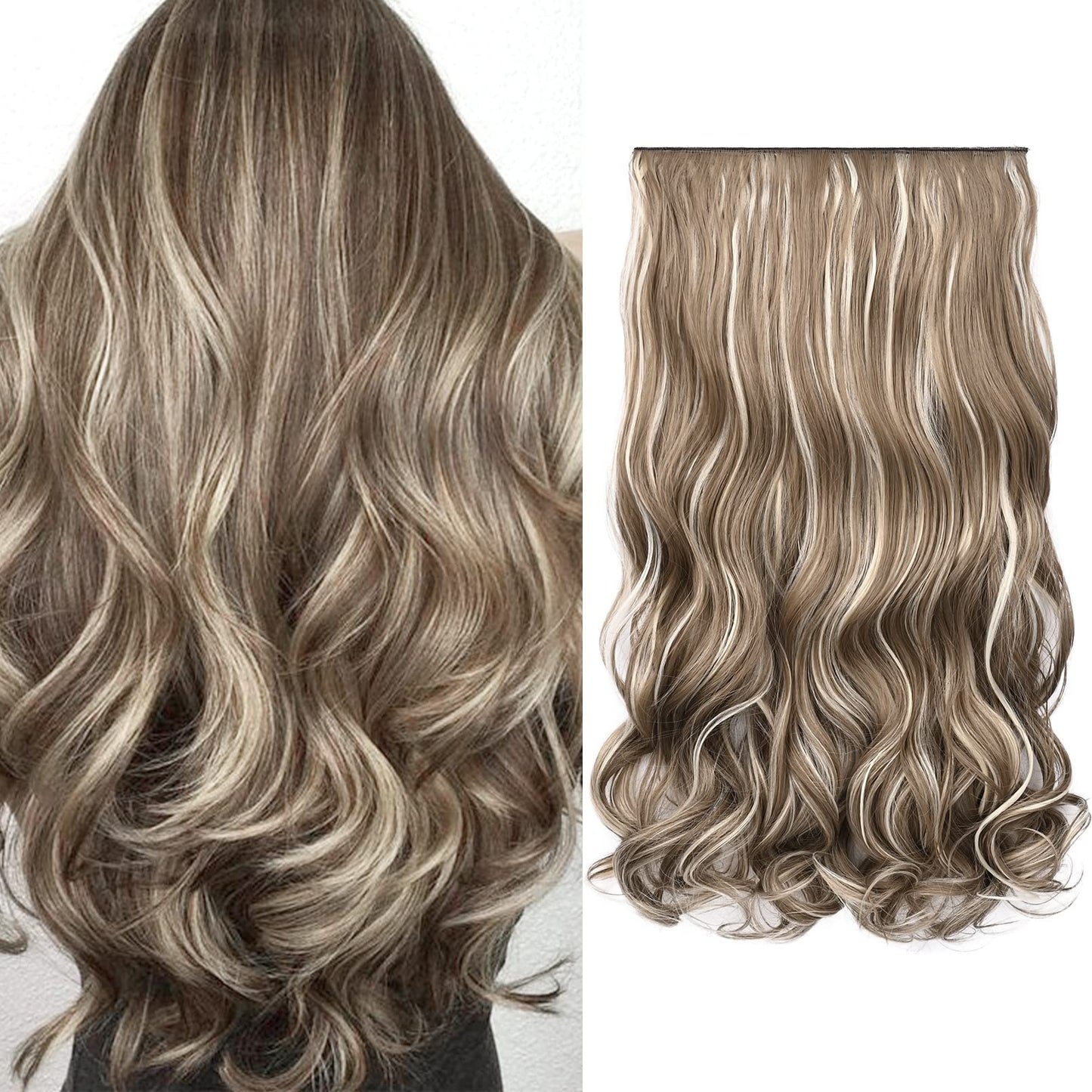 Reecho Clip In Hair Extensions, 20'' Curly Wavy Synthetic He008 Hairpieces For Women - Ash Brown With Platium Highlights