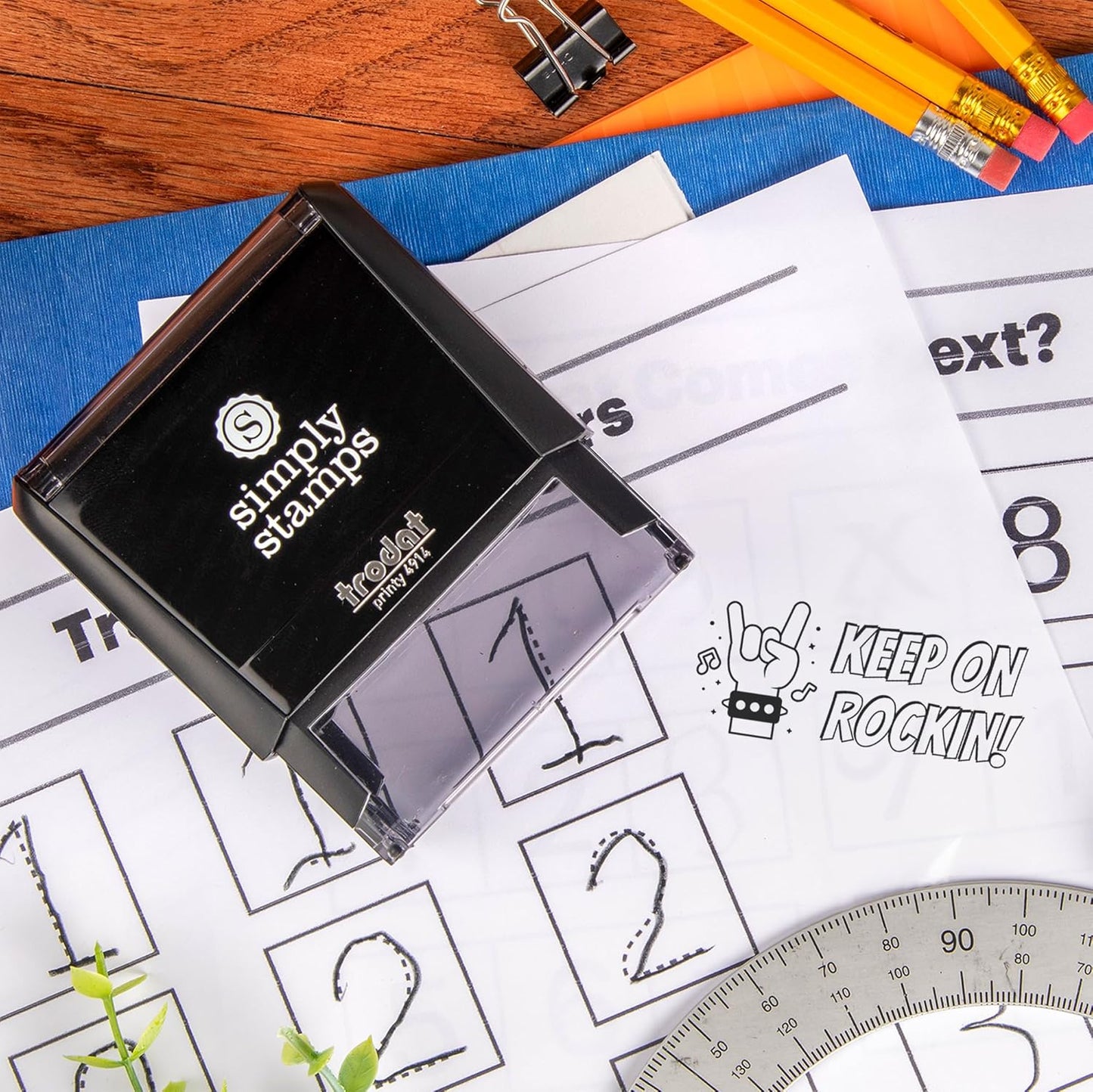 Custom Self-Inking Stamps | 49 Designs | Fun Phrases | Grading Made Easy | Classroom, Library Book Stamps - Keep on Rockin'! (Xtra Large)