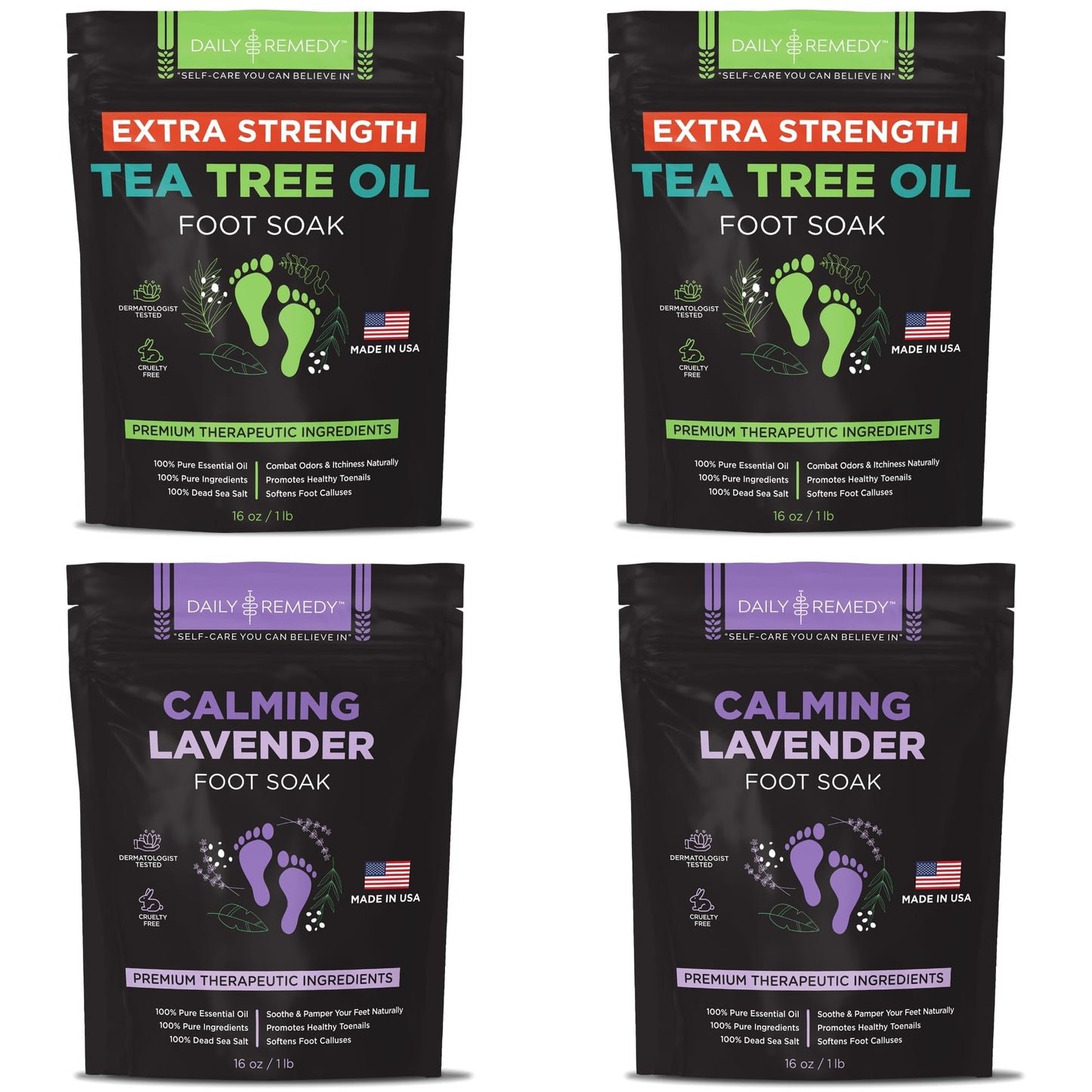 Daily Remedy 4-Pack - 2 Extra Strength Tea Tree Oil & 2 Calming Lavender Foot Soak Set - Made In Usa - Soothes Sore Tired Feet,