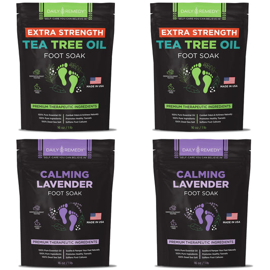 Daily Remedy 4-Pack - 2 Extra Strength Tea Tree Oil & 2 Calming Lavender Foot Soak Set - Made In Usa - Soothes Sore Tired Feet,