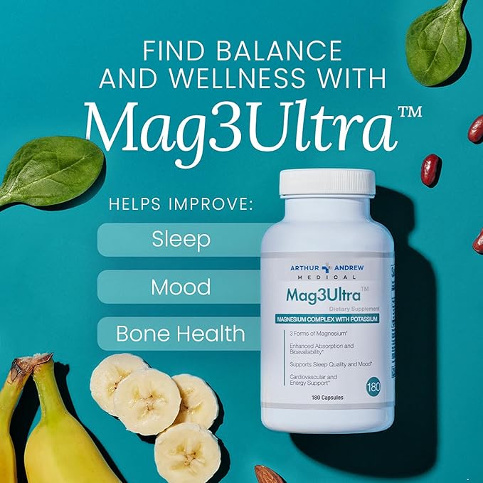 Arthur Andrew Medical, Mag3Ultra Triple Magnesium Supplement, Sucrosomial, Bisglycinate, Taurate for Muscle, Stress, Mood, Nerve, Bone & Heart Support, 180 Capsules
