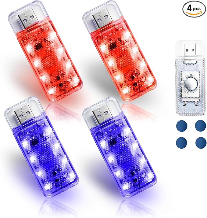 4 PCS Car LED Lights, USB Plug-in Rechargeable 8 High-Brightness LED Beads,Portable Mini Touch Control Dimmable Night Light for Car/Bedroom/Party/Holiday Decoration (2Red&2Blue)