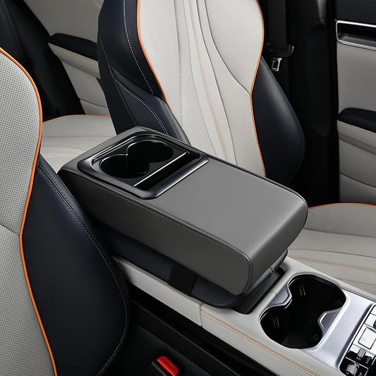Center Console Cover Car Armrest Box Pad Leather Arm Rest Cushion with Cup Holder Mobile Phone Storage Armrest Protection Pad for Car (Pure Grey, 13.58 * 8.07 * 2.95 inch)