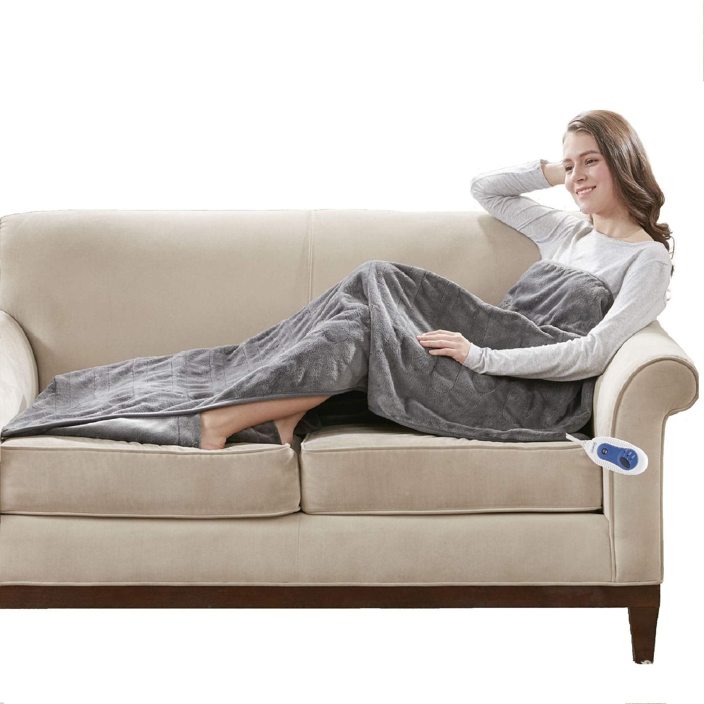 Beautyrest Foot Pocket Soft Microlight Plush Electric Blanket Heated Throw Wrap with Auto Shutoff, 50 x 62 in, Ivory