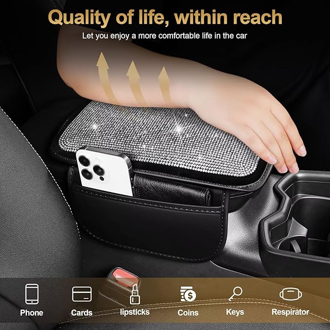 Bling Center Console Cover Fit for Toyota Highlander with 2 Storage Bags Fully Diamond-Studded Style Center Console Armrest Cover with Total Protection(Silver Diamond)