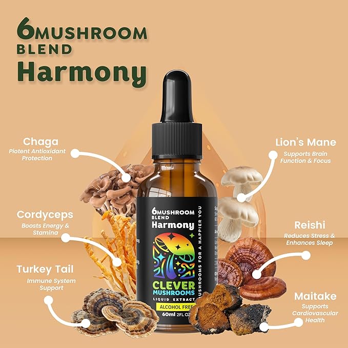 6 Blend Mushroom Liquid Extract - Alcohol Free, Natural Energy, Cognitive Support, Immunity Boost,100% Fruit Bodies, Lion's Mane, Cordyceps, Reishi, Chaga, Turkey Tail, Maitake
