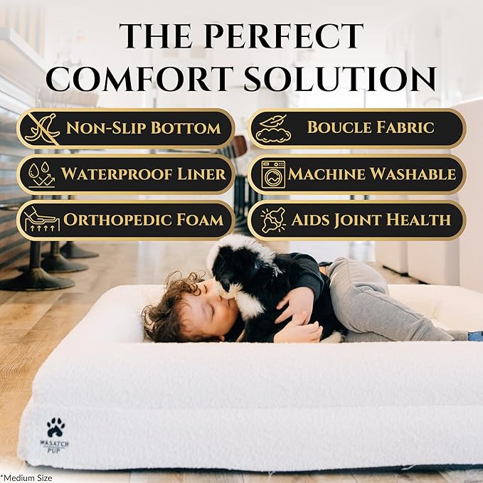 Luxury Boucle Fabric Orthopedic Dog Bed with Memory Foam | Breathable Comfort and Washable Dog Couch Bed with Waterproof Liner & Cover | Ideal Sofa Beds for Medium Dogs - Grey 37" x29x7.7