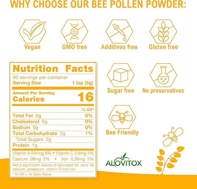 Alovitox Bee Pollen Powder 5lb | 100% Pure, Fresh Natural Raw Bee Pollen | Superfood Packed Bee Pollen with Antioxidant, Protein, Vitamins B6, B12, C, a & More | Bee Friendly & Gluten Free, Non-GMO