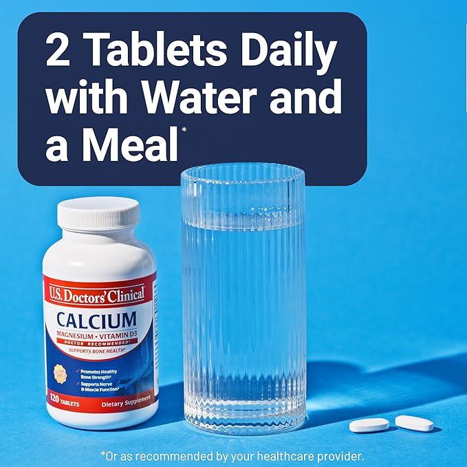 U.S. Doctors' Clinical 1200mg Calcium Citrate & Carbonate Complex with Magnesium & Vitamin D3 - Calcium Supplement for Bone Strength, Muscles & Nerves - Vegan, Non-GMO - 60 Tablets - 1-Month Supply