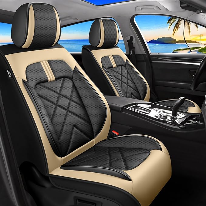 CX-50 Car Seat Covers Fit for Mazda CX-50 2023-2026, Full Coverage Premium Leather Waterproof Breathable Seat Covers, Automotive Seat Protectors, Airbag Compatible(Full Set Seats, Black Beige)