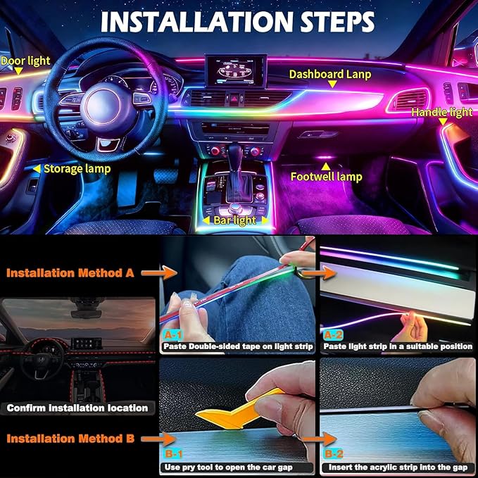 Interior Car LED Strip Lights, Acrylic LED Lights RGB Dreamcolor 6 in 1 with 175 inches 593 LEDs Fiber Optic Ambient Lighting Kits,APP and Remote Control 16 Million Colors Car Neon Lights