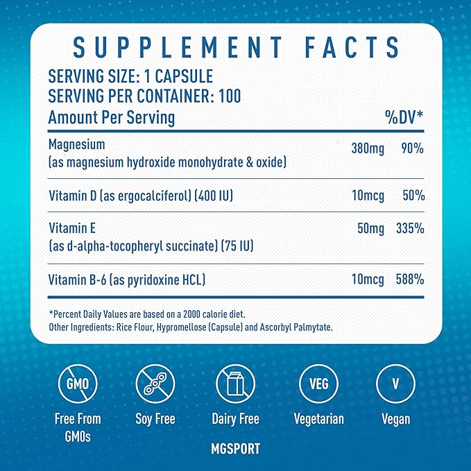Magnesium Supplement Complex MGSPORT - High Absorption Supplement with Vitamins B6, D, E - Relieves Leg Cramps & Muscle Support - 100 Servings