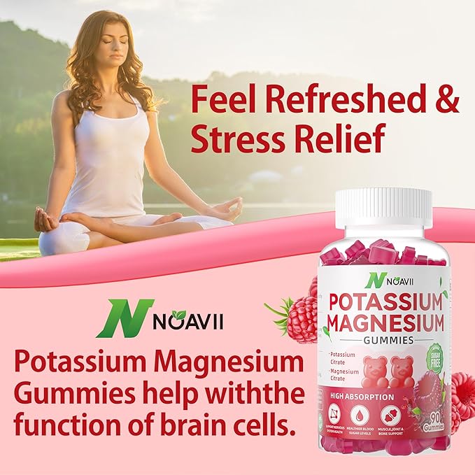 Potassium Magnesium Gummies, New Formula Calm Magnesium Glycinate Gummies, Chewable Gummy Supplements for Leg Cramps & Muscle, Raspberry Flavor 90 Count