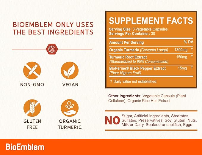 BioEmblem Turmeric Curcumin Supplement with BioPerine | Joint Support & Heart Health | with Organic Turmeric Powder & 95% Curcuminoids Extract | California Made, Non-GMO, 150-Day Supply