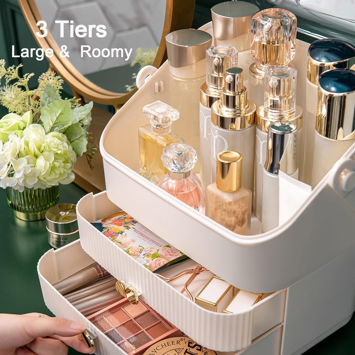 Preppy Makeup Organizer | 3-Tier Cosmetic Storage Box | Ivory White, Portable