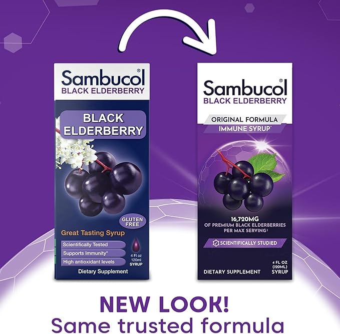 Sambucol Black Elderberry Syrup - Sambucus Elderberry Syrup, Black Elderberry Liquid, Immune Support for Kids and Adults, High Antioxidants, Gluten Free - Original Formula, 4 Fl Oz, 2-Pack