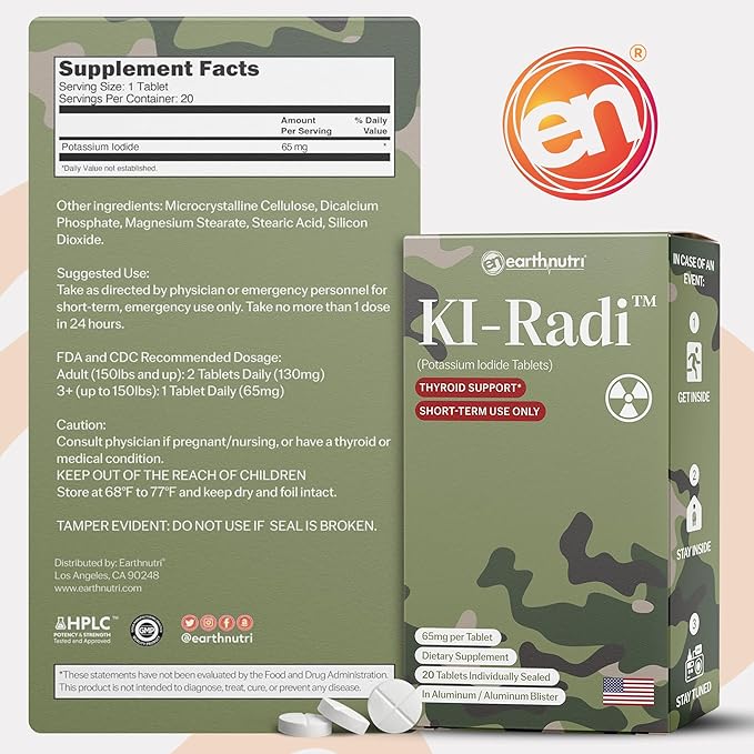 KI-Radi™ Potassium Iodide Tablets 65 mg – High Potency Iodine Supplement for Thyroid Support, Emergency Preparedness – Potassium Supplement in Foil-Foil Blister Seal – 20 Tablets