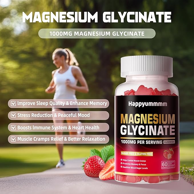 Magnesium Glycinate Gummies 1000mg - Sugar Free Magnesium Potassium Supplement with Vitamin D, B6, CoQ10 for Calm Mood & Sleep Support - 120 Strawberry Gummies