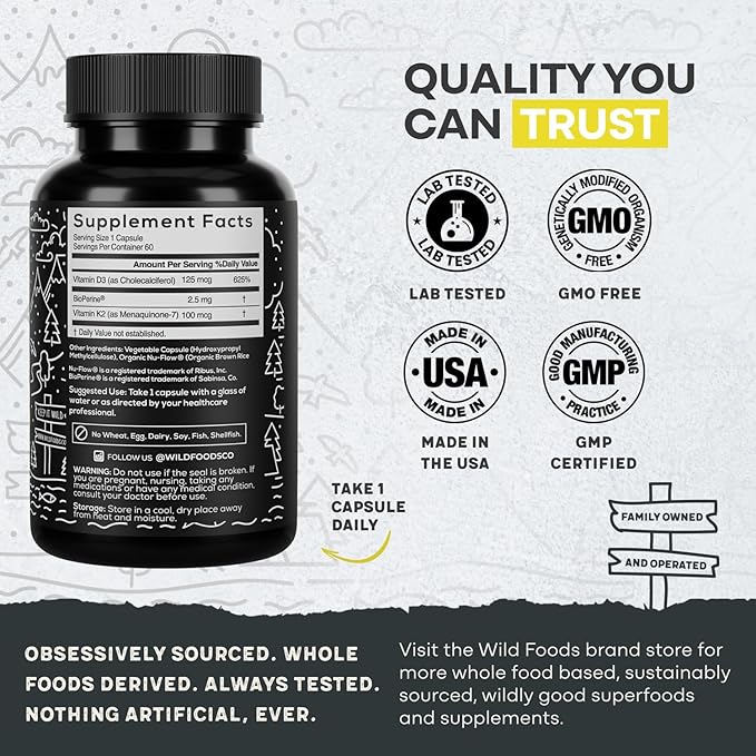 Wild Foods 5000iu Vitamin D3 + K2 | (100mcg Mk7) with Black Pepper Extract, Plant-Based, Non-GMO, Soy & Gluten-Free | Dietary Supplement | Made in USA | 60 Capsules