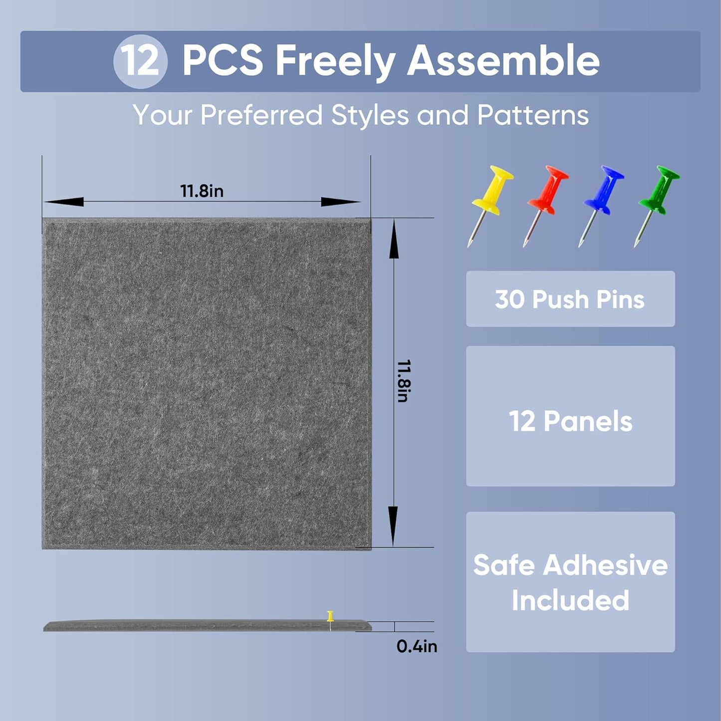 VUSIGN Large Cork Board for Wall 47"x35", 12 Pack Bulletin Board, Felt Wall Tiles with Adhesive Tabs and Push Pins, Push Pin Board for Office, School, Home, Grey