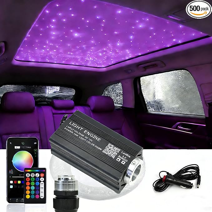 Twinkle Starlight Headliner Kit 500Pcs*0.03in*6.5ft*2m 16W Music/Voice APP/Remote Control Activated Star Light Kit RGBW Fiber Optic Star Roof Lights for Car Theater Game Bed Room Ceiling