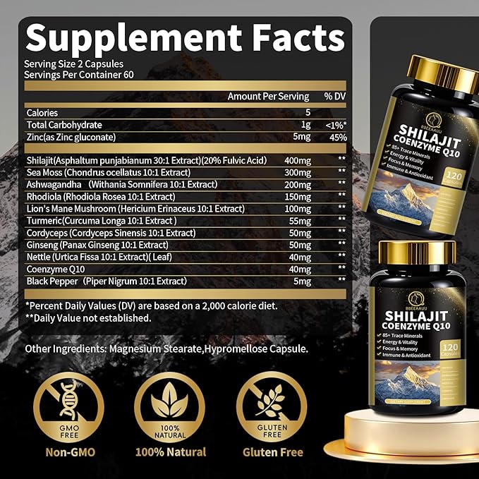 Shilajit Capsules with Sea Moss & Ashwagandha for Men & Women,12 in 1 Himalayan Shilajit Supplements with Coenzyme Q10, Fulvic Acid & Humic Acid, Lion's Mane, Energy & Immune, 120 Count, 2 Pack