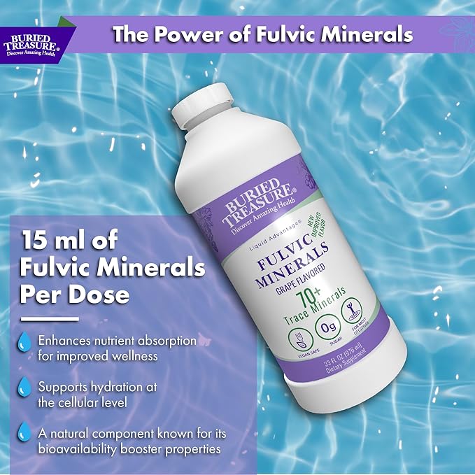 Buried Treasure Fulvic Minerals Grape Flavored – Colloidal Minerals from Humic Fulvic Acid, Electrolytes from Trace Minerals for Recovery and Wellness Support. Add to Water – 32 Servings