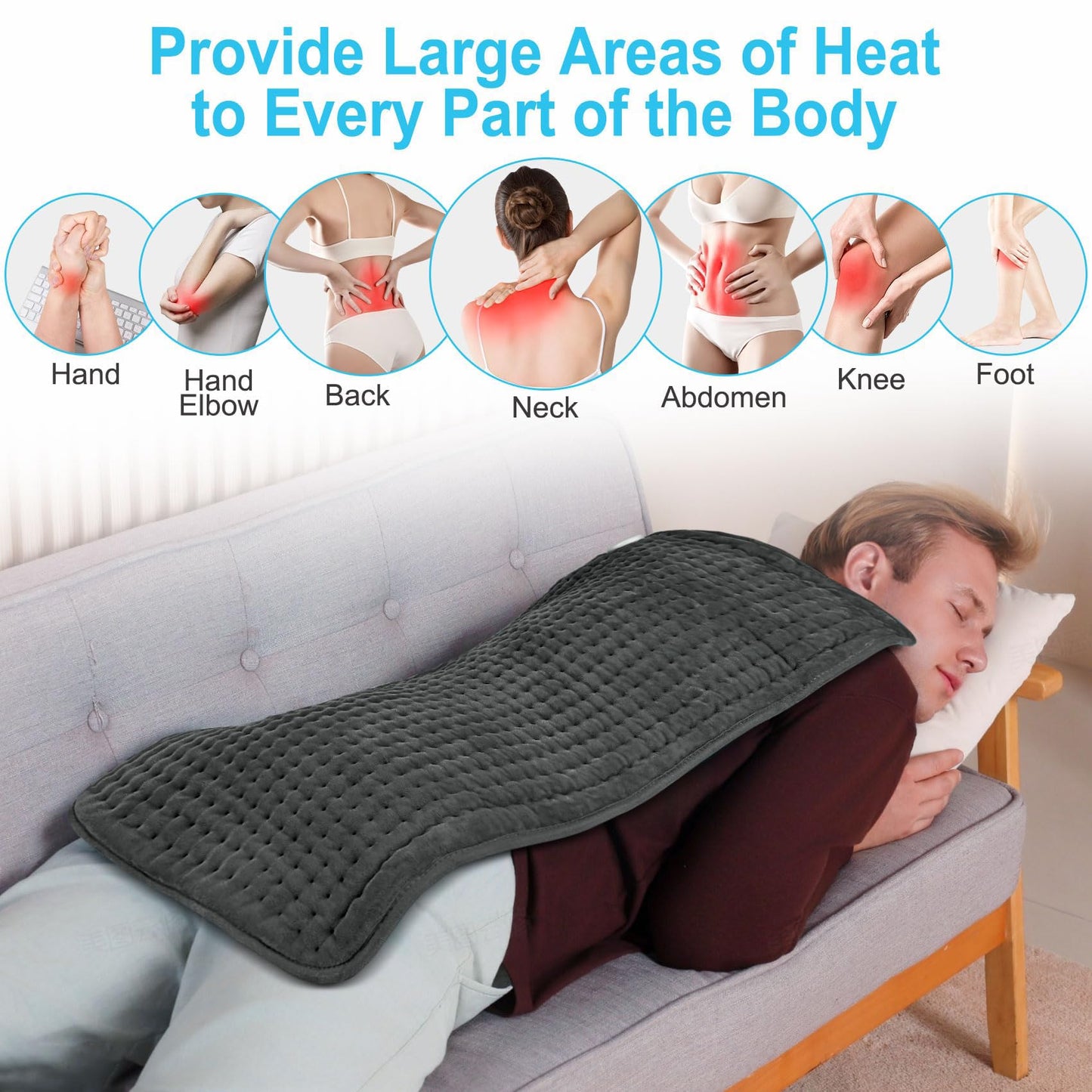 Boileau Electric Heating Pad for Back Pain and Period Cramps Relief, 17"x33" Extra Large XXXL, 3 Heating Levels Heat Pad with 2-Hour Auto Shut Off, Gifts for Women and Mom, Blue