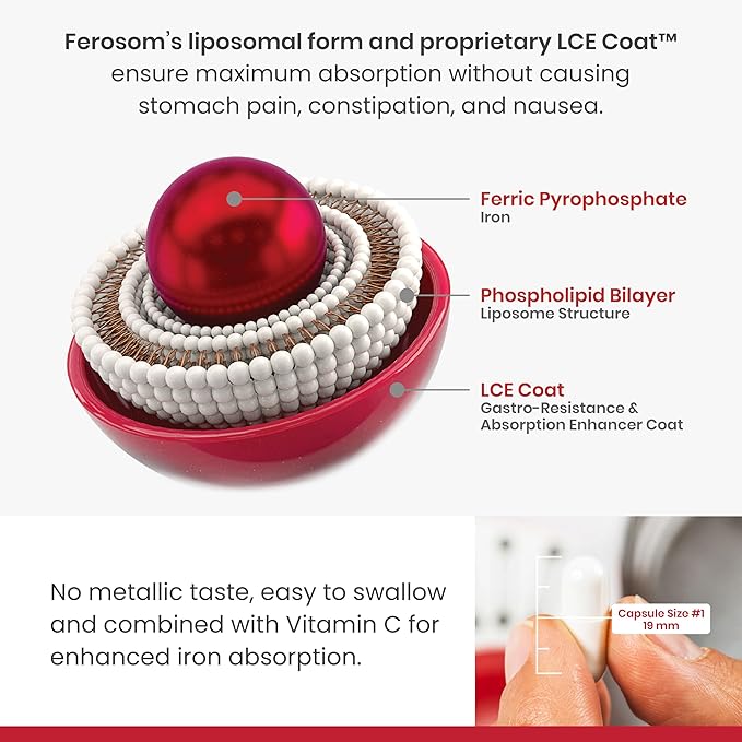 LCE Liposomal Iron – Iron Supplement Capsule Gentle on The Stomachs – 30g Elemental Iron with Vitamin C – Easy to Swallow Iron Pills for Women and Men, 30 Vegan Iron Capsules