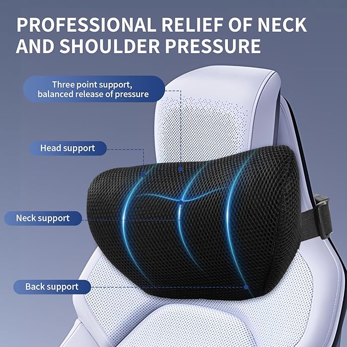 Car Neck Pillow, Memory Foam Car Headrest Pillow for Driving with Adjustable Strap, Softness Breathable Removable Mesh Cover, Ergonomic Design for Office Chair, Driving, Black