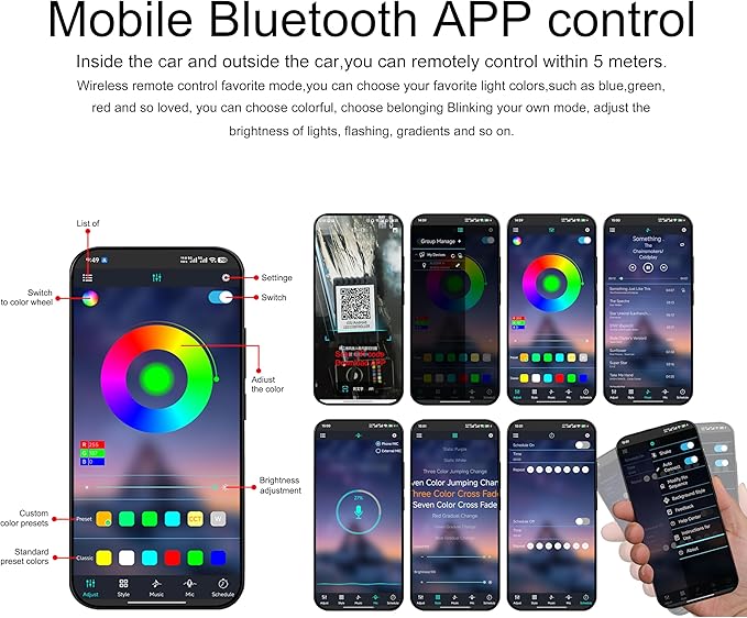 Car Atmosphere Light Kit 6m Fiber Optic RGB Multicolor Sound Active Music Sync Memory Function Bluetooth APP Control 64 Colors USB Car Interior Ambient Lighting Kit DC 12V