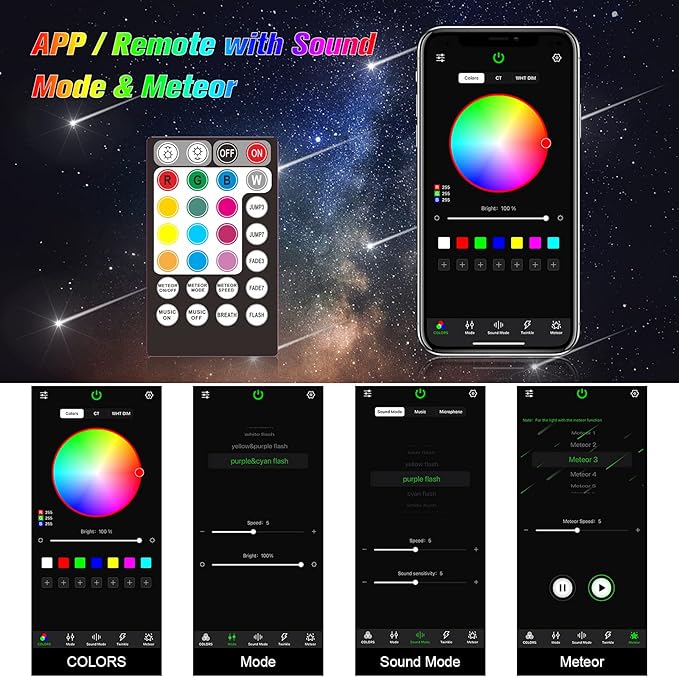 CHINLY Meteor 16W 550pcs 0.03in 13.1ft Car Use Bluetooth RGBW LED Fiber Optic APP/Remote Music Mode Headliner Light Kit+ Shooting Star kit +Adapter+Cigarette Lighter(Non-Twinkle)