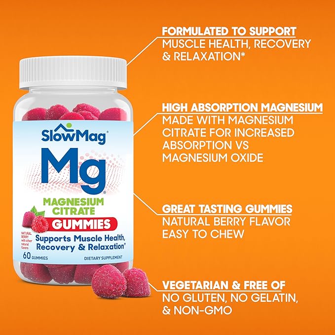 SlowMag Magnesium Citrate Gummies - Supports Muscle Health, Recovery & Relaxation, Natural Berry Flavored, 60 Count Pack of 2